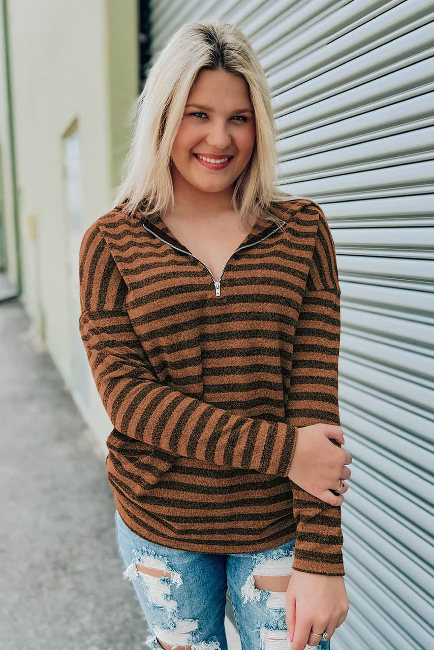 Brown Striped Knit Quarter Zip Hoodie