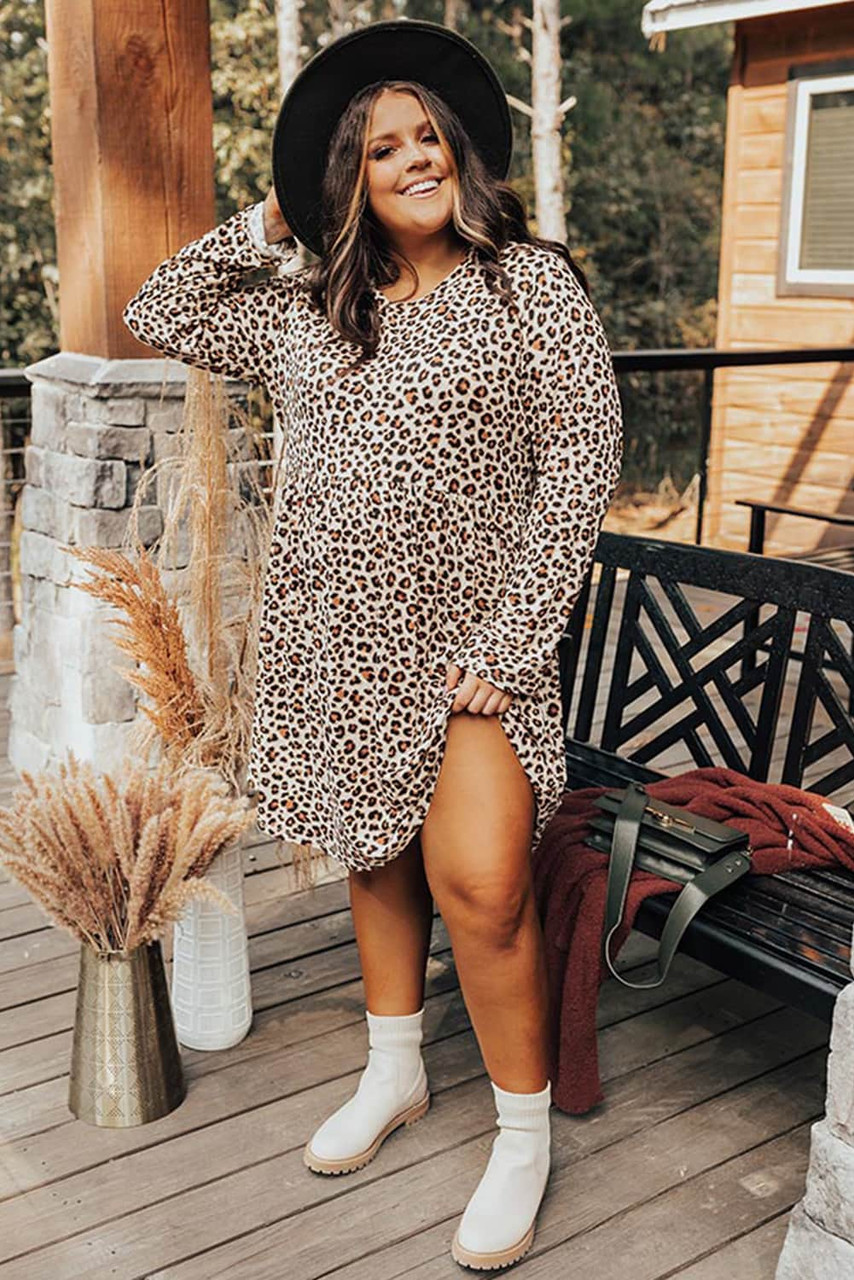 Plus Size Leopard Long Sleeve Midi Dress