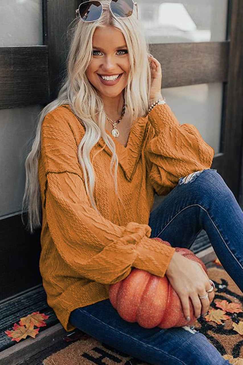 Orange Textured V Neck Long Sleeve Knit Top