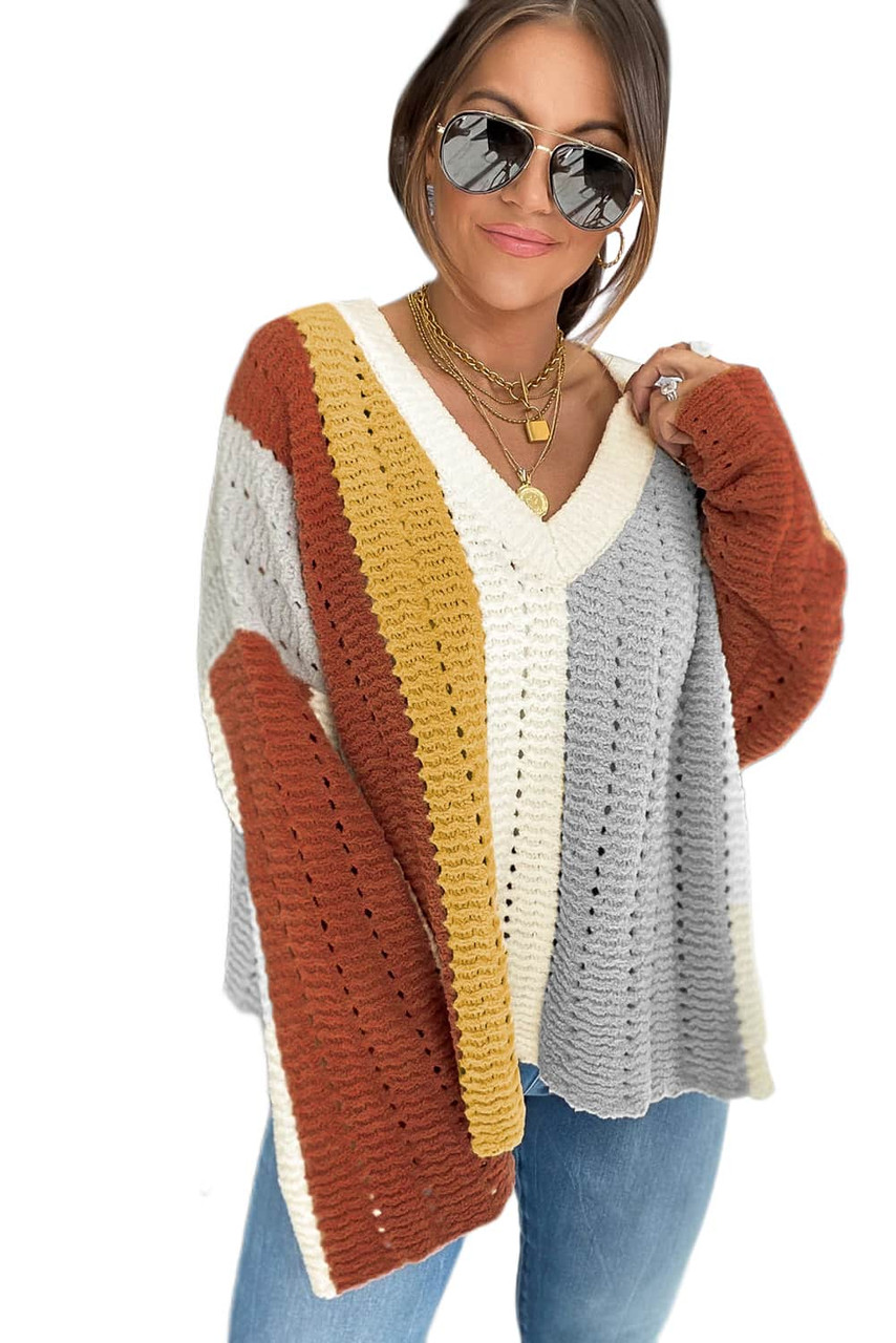 Multicolor Color Block Patchwork V Neck Knit Sweater