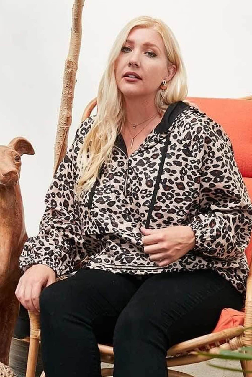 Plus Size Active Leopard Print Hoodie