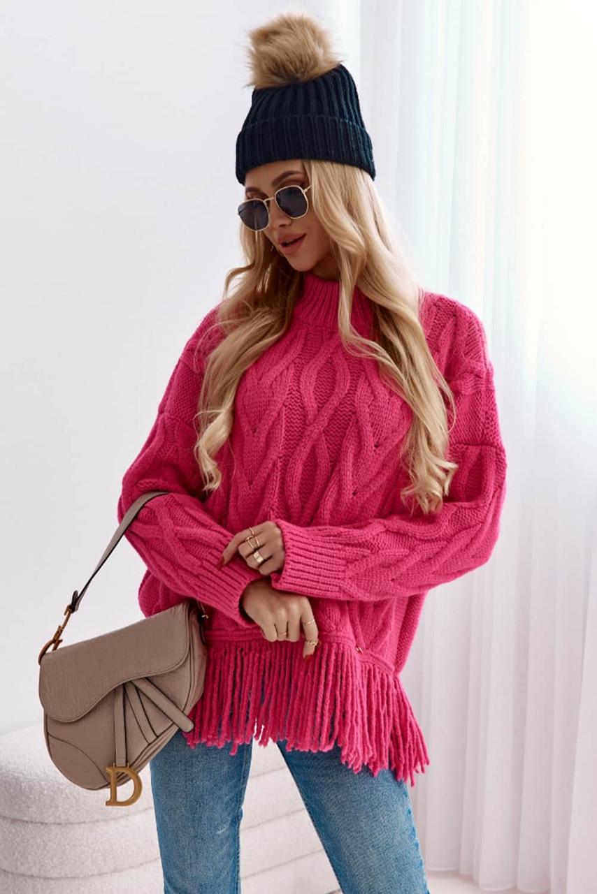 Rose High Neck Cable Knit Tasseled Sweater
