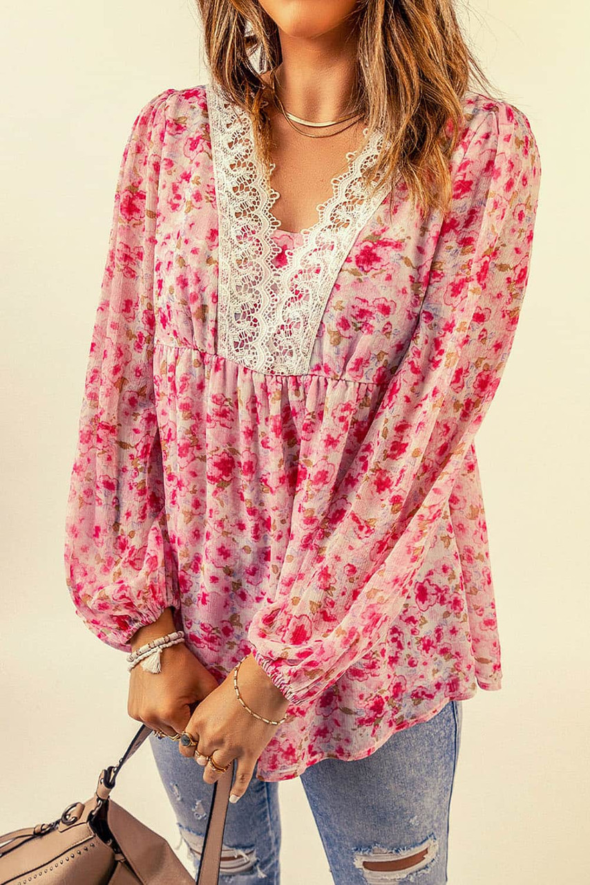 Pink Floral Print Lace Patchwork V Neck Blouse