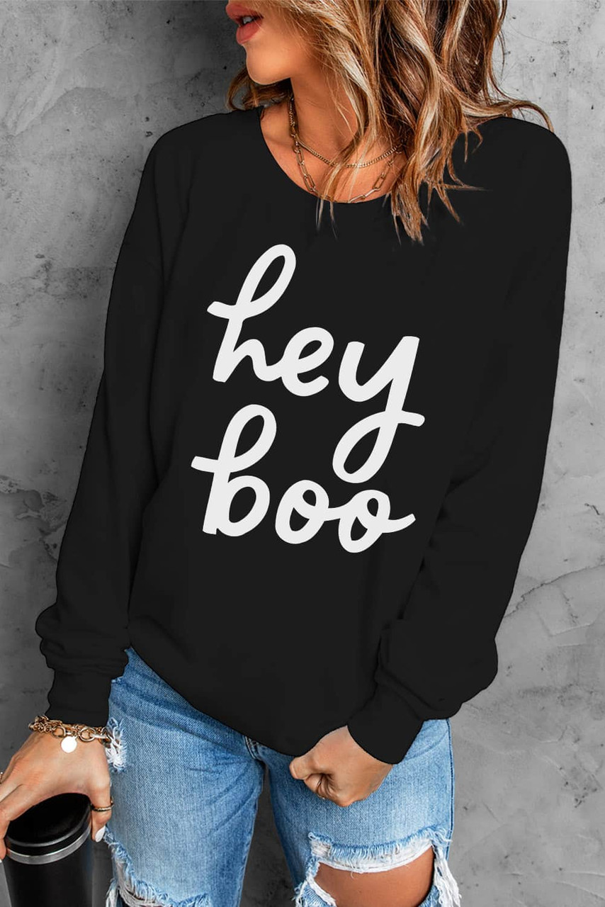 Black Hey Boo Letter Print Long Sleeve Pullover Sweatshirt