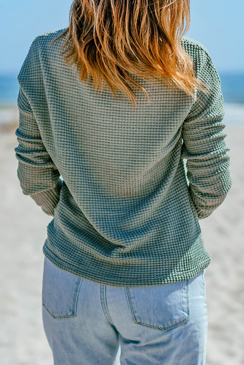 Green Waffle Knit Drop Shoulder Long Sleeve Top