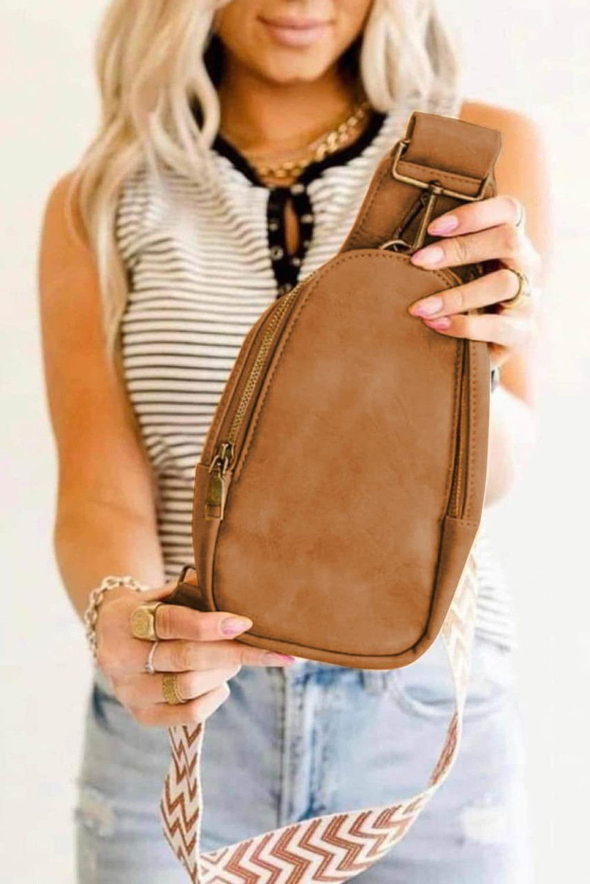 Brown Faux Leather Zipped Crossbody Chest Bag