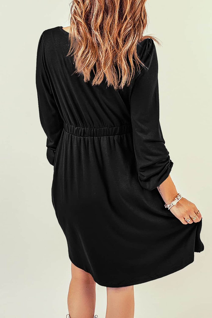 Black Button Up High Waist Long Sleeve Dress