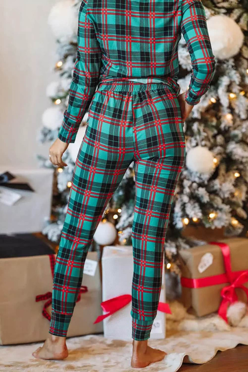 Green Plaid Print Long Sleeve Top and Drawstring Joggers Pajama Set