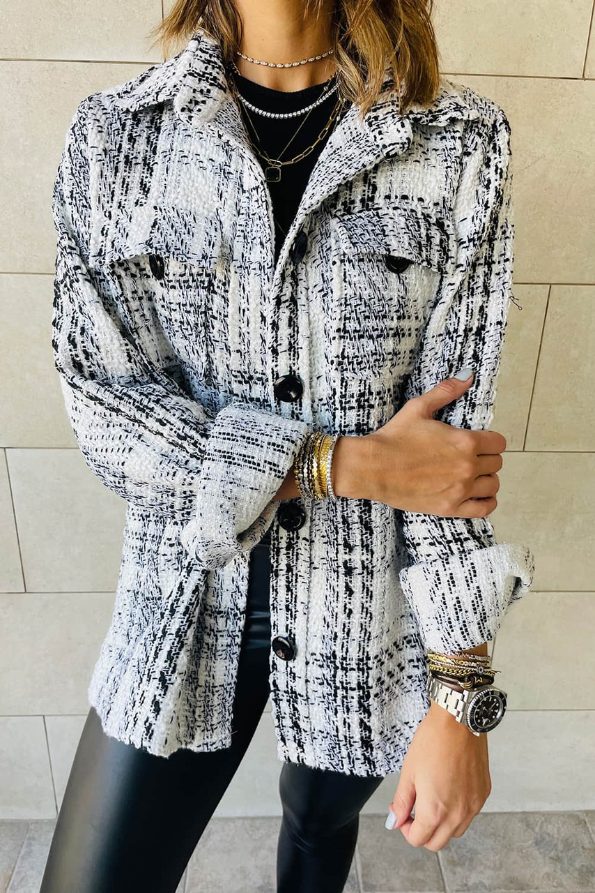 White Plaid Print Pocketed Shirt Jacket