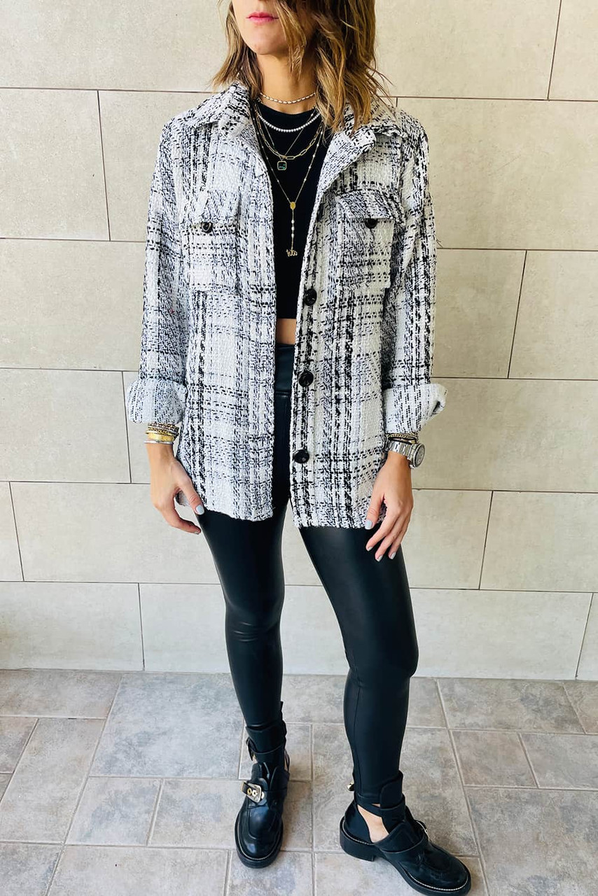 White Plaid Print Pocketed Shirt Jacket