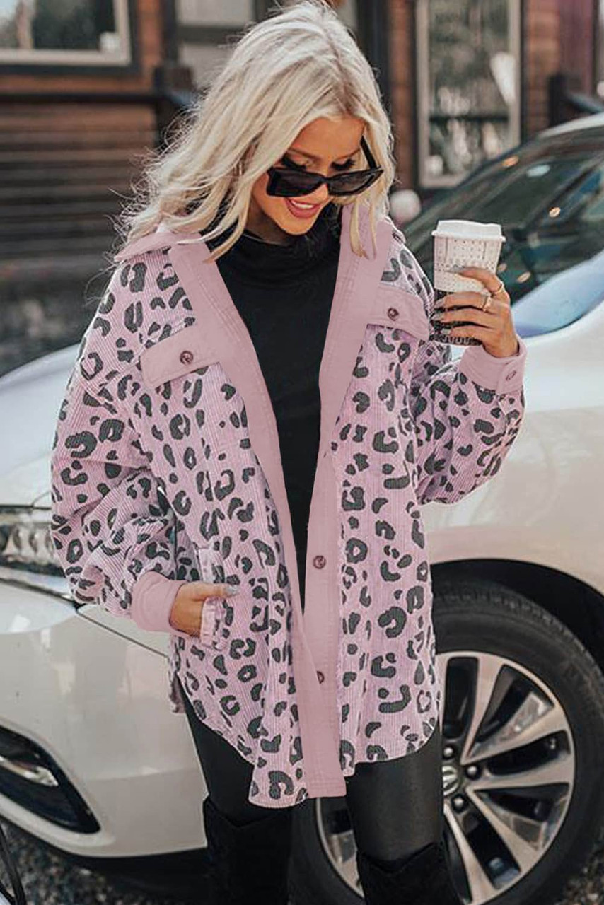 Pink Collared Neckline Flap Pockets Leopard Corduroy Jacket Pink Collared Neckline Flap Pockets Leopard Corduroy Jacket