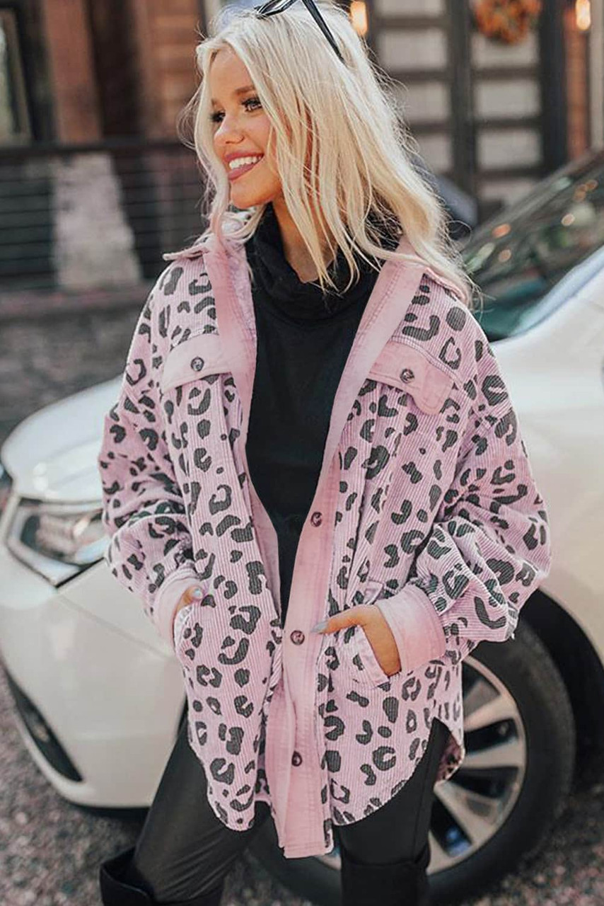 Pink Collared Neckline Flap Pockets Leopard Corduroy Jacket Pink Collared Neckline Flap Pockets Leopard Corduroy Jacket