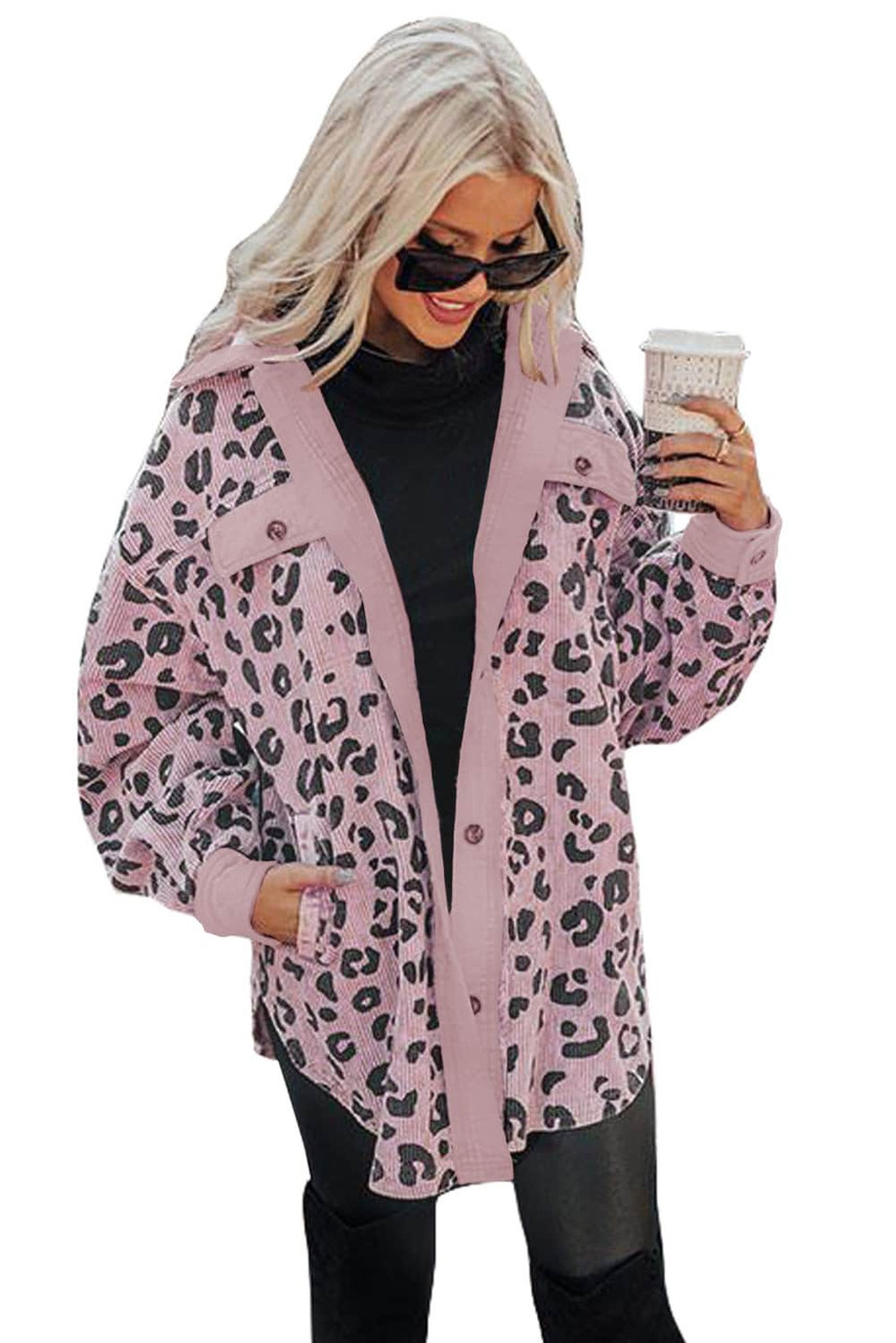 Pink Collared Neckline Flap Pockets Leopard Corduroy Jacket Pink Collared Neckline Flap Pockets Leopard Corduroy Jacket