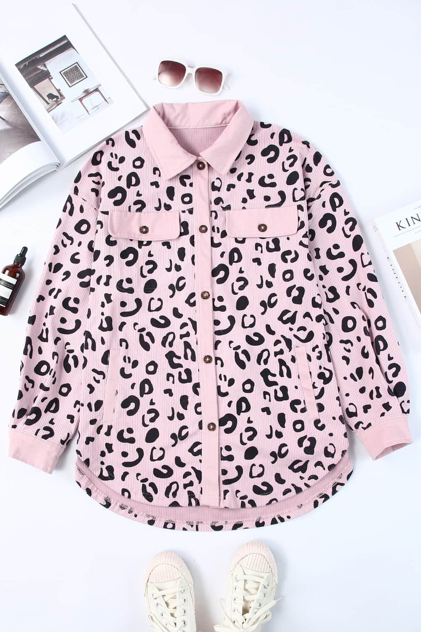 Pink Collared Neckline Flap Pockets Leopard Corduroy Jacket Pink Collared Neckline Flap Pockets Leopard Corduroy Jacket