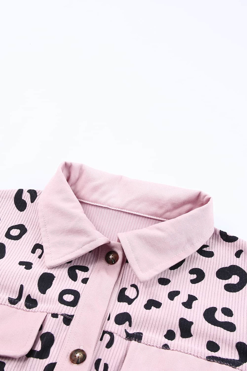 Pink Collared Neckline Flap Pockets Leopard Corduroy Jacket Pink Collared Neckline Flap Pockets Leopard Corduroy Jacket