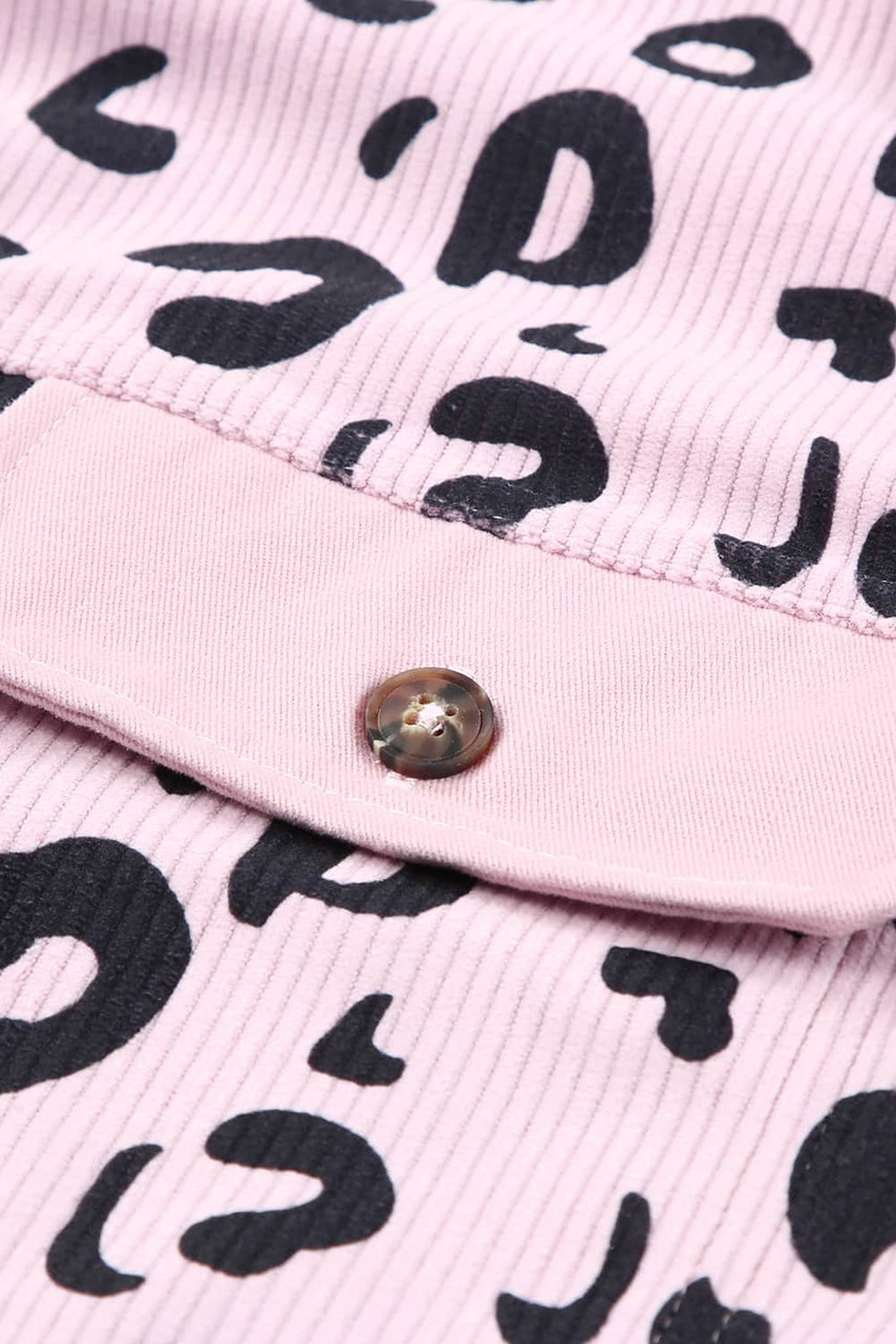 Pink Collared Neckline Flap Pockets Leopard Corduroy Jacket Pink Collared Neckline Flap Pockets Leopard Corduroy Jacket