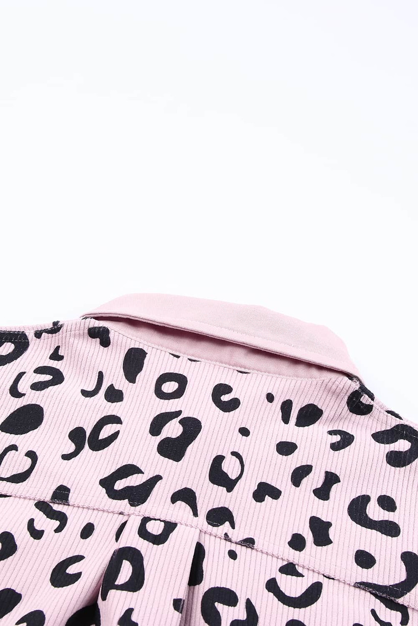 Pink Collared Neckline Flap Pockets Leopard Corduroy Jacket Pink Collared Neckline Flap Pockets Leopard Corduroy Jacket