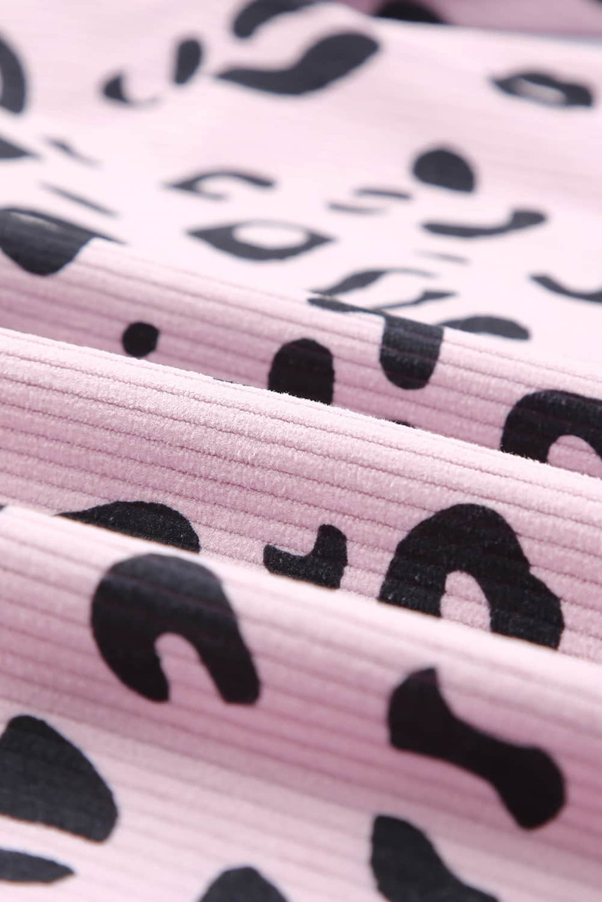 Pink Collared Neckline Flap Pockets Leopard Corduroy Jacket Pink Collared Neckline Flap Pockets Leopard Corduroy Jacket