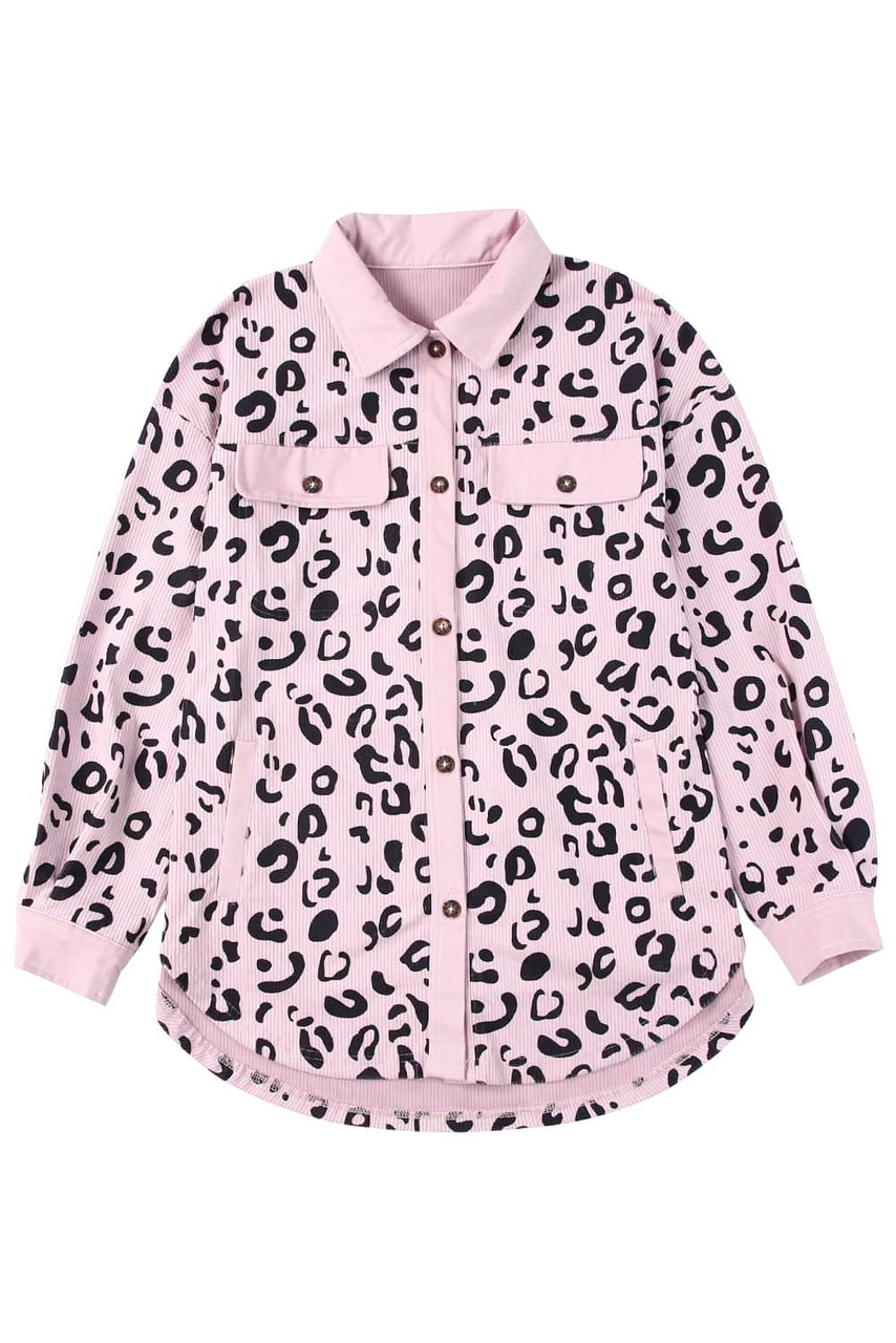 Pink Collared Neckline Flap Pockets Leopard Corduroy Jacket Pink Collared Neckline Flap Pockets Leopard Corduroy Jacket