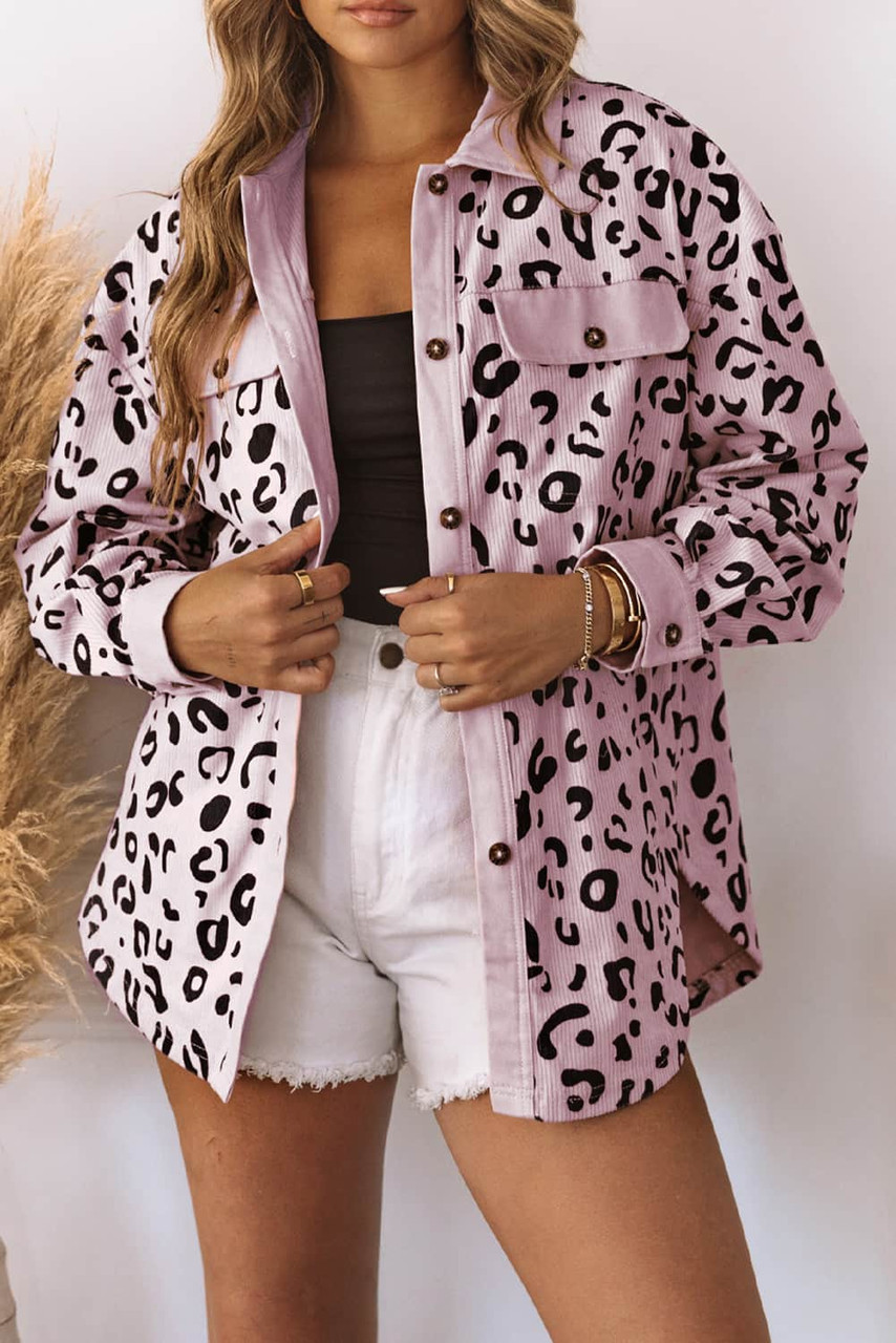 Pink Collared Neckline Flap Pockets Leopard Corduroy Jacket Pink Collared Neckline Flap Pockets Leopard Corduroy Jacket