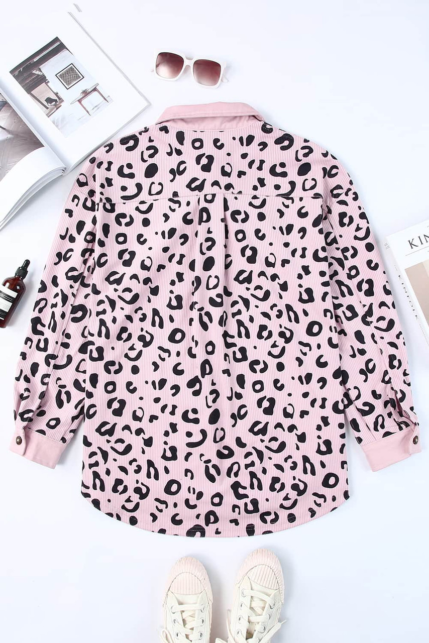 Pink Collared Neckline Flap Pockets Leopard Corduroy Jacket Pink Collared Neckline Flap Pockets Leopard Corduroy Jacket