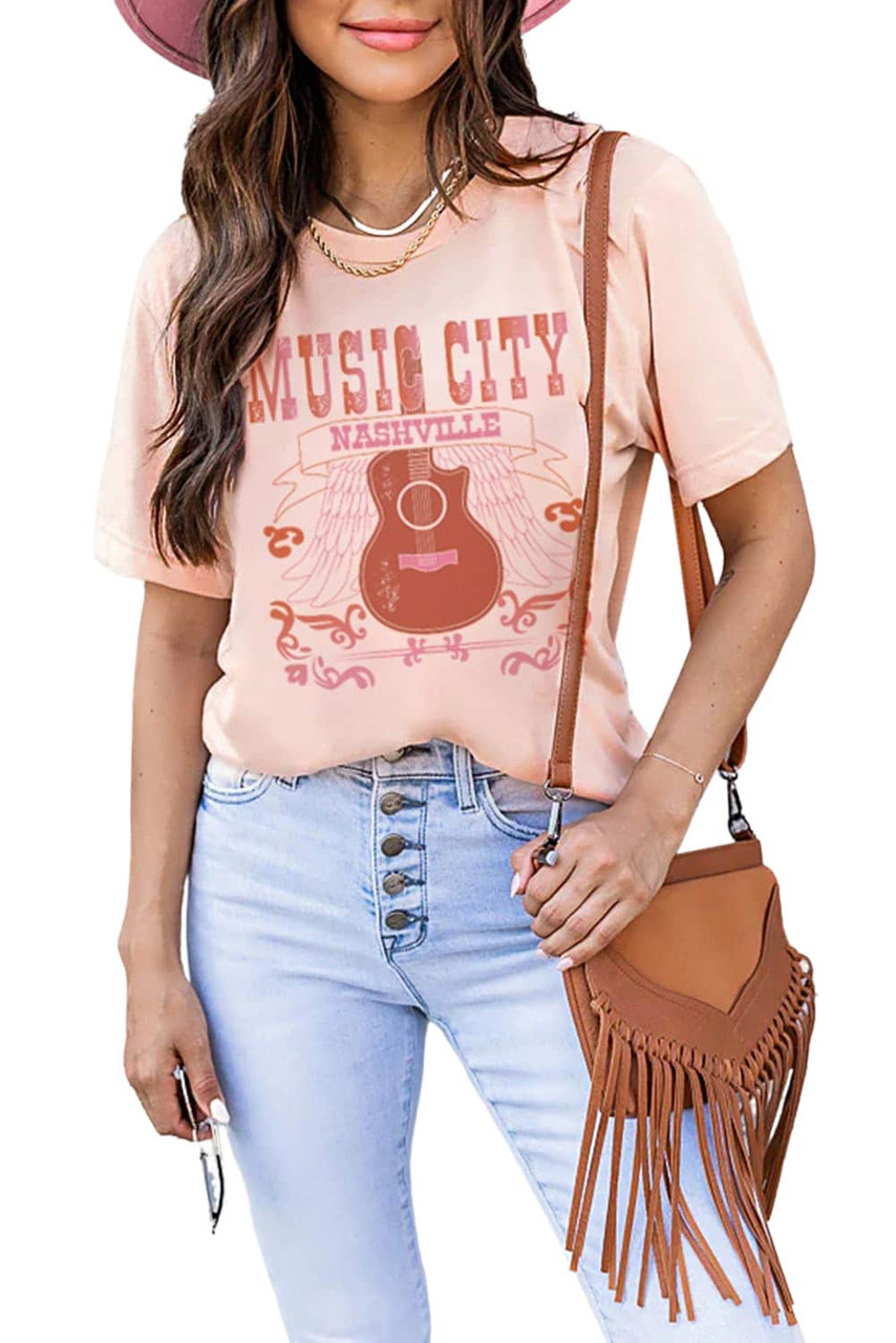 Pink MUSIC CITY Guitar Graphic Print Crew Neck T Shirt