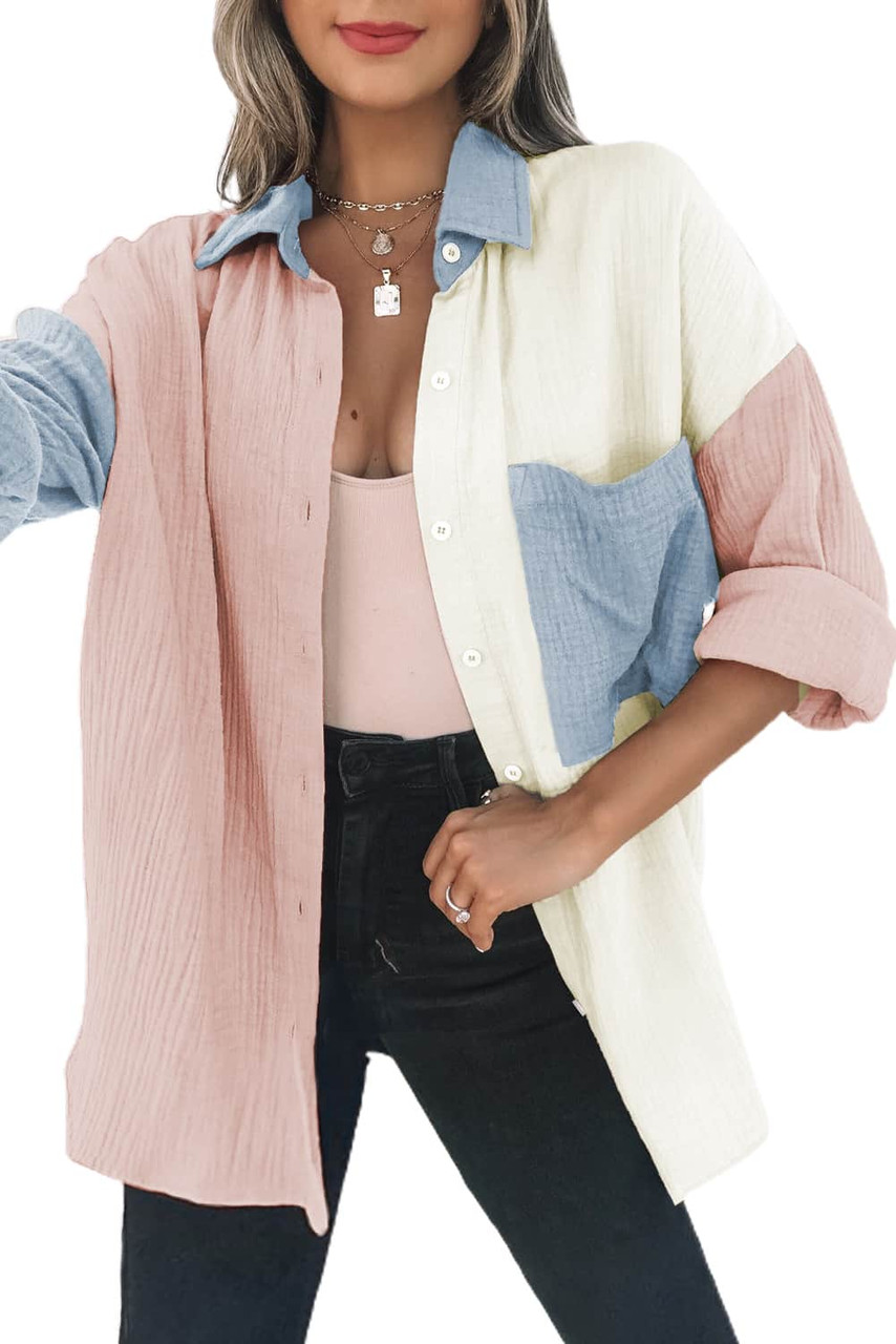 Pink Colorblock Crinkled Pocketed Shirt