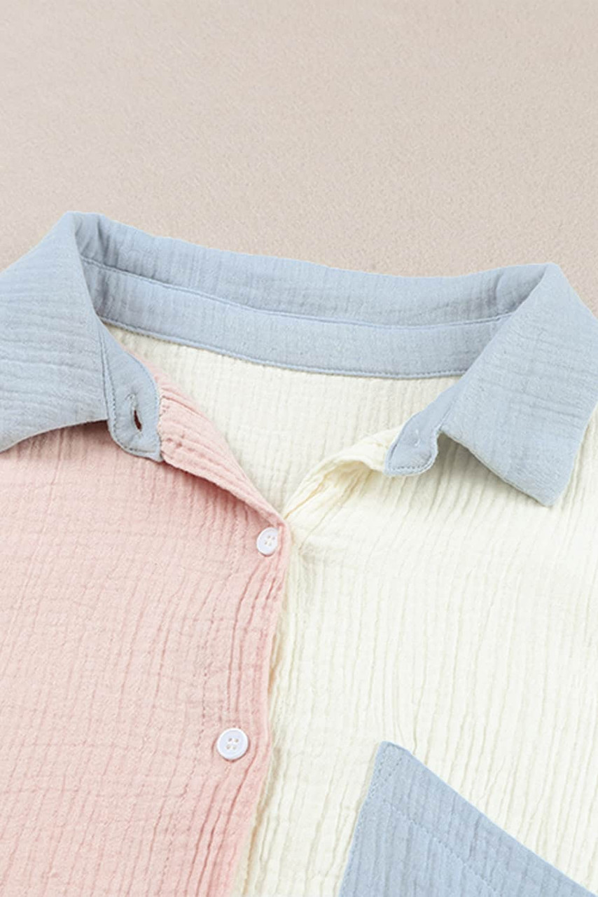 Pink Colorblock Crinkled Pocketed Shirt