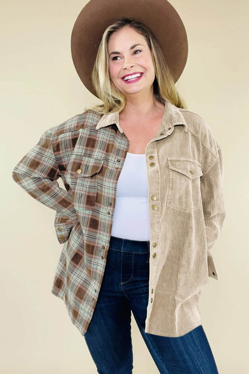 Khaki Plus Size Washed Cord Plaid Shirt