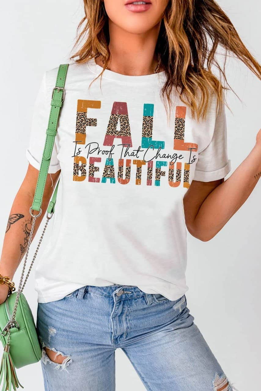 White FALL BEAUTIFUL Leopard Print Short Sleeve T Shirt White FALL BEAUTIFUL Leopard Print Short Sleeve T Shirt