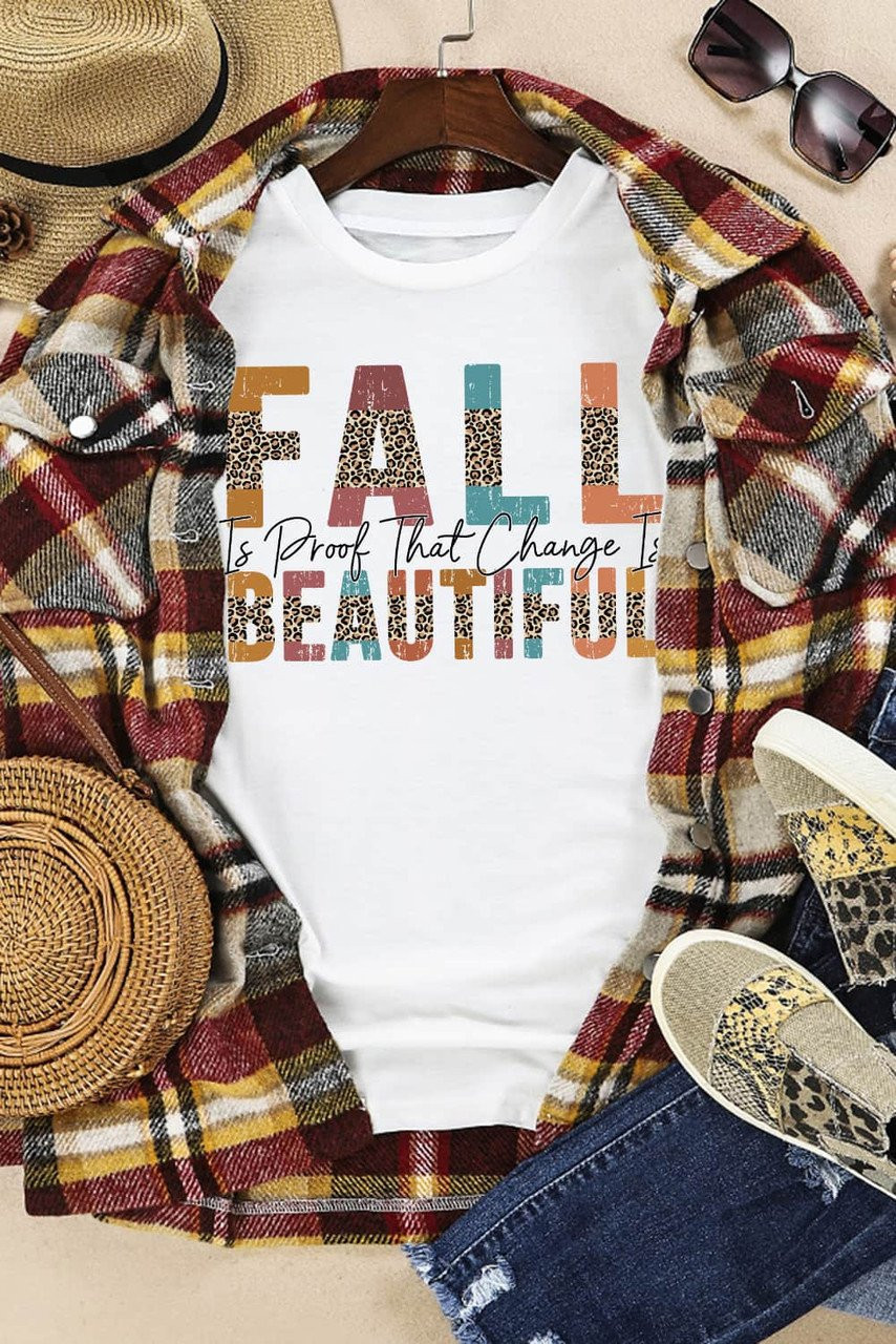 White FALL BEAUTIFUL Leopard Print Short Sleeve T Shirt White FALL BEAUTIFUL Leopard Print Short Sleeve T Shirt