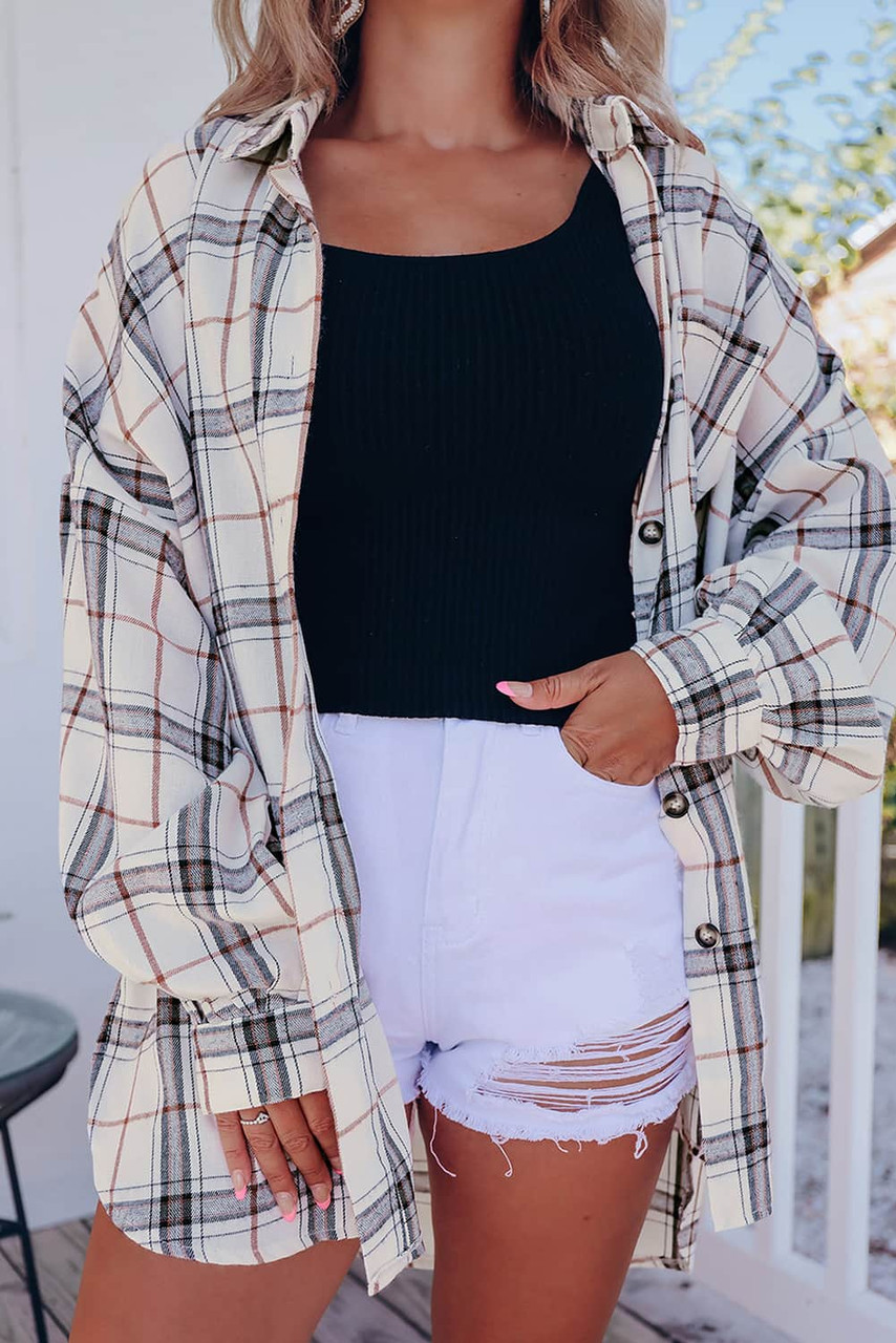 White Oversized Plaid Pattern Shacket with Slits