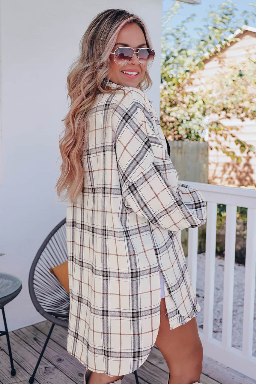 White Oversized Plaid Pattern Shacket with Slits