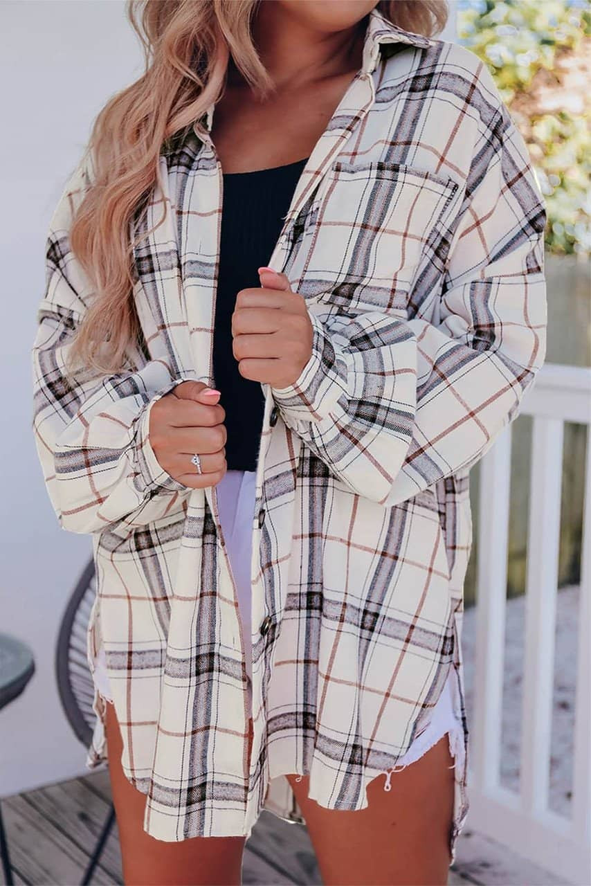 White Oversized Plaid Pattern Shacket with Slits White Oversized Plaid Pattern Shacket with Slits