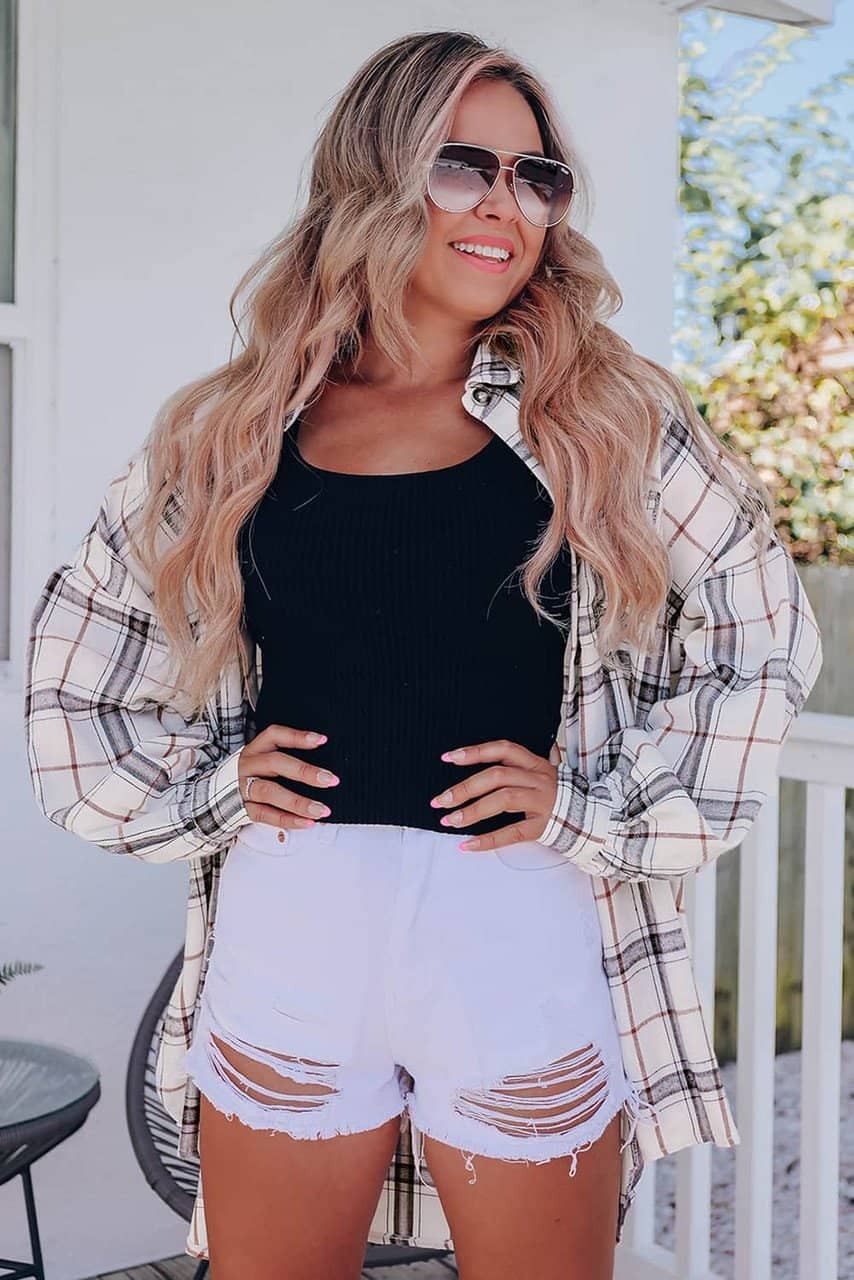 White Oversized Plaid Pattern Shacket with Slits White Oversized Plaid Pattern Shacket with Slits