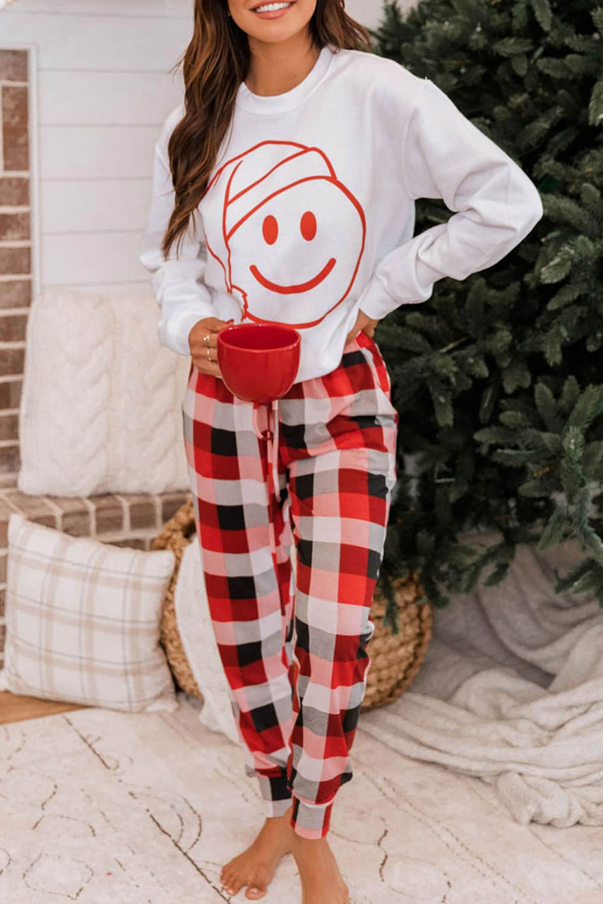 White Christmas Smile Face Print Top and Plaid Pants Lounge Set