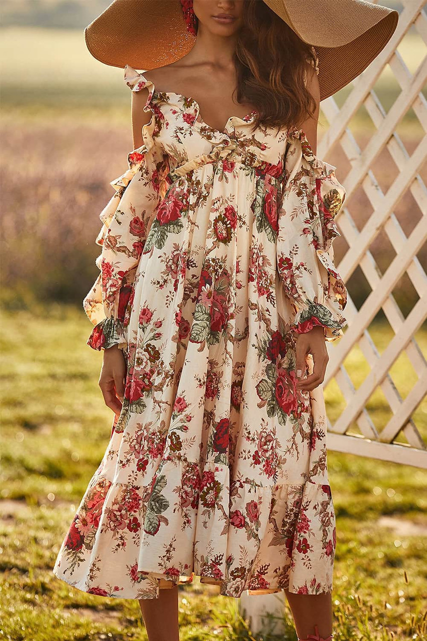 Apricot Hollow-out Shoulder Ruffle Floral Dress