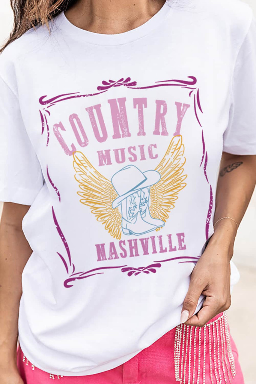 White COUNTRY MUSIC Boots Wings Print Graphic T Shirt