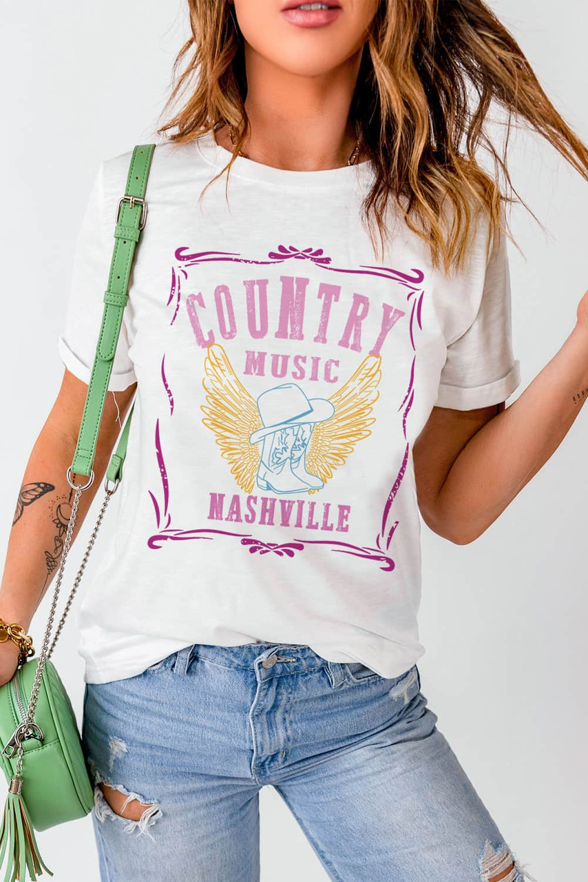 White COUNTRY MUSIC Boots Wings Print Graphic T Shirt