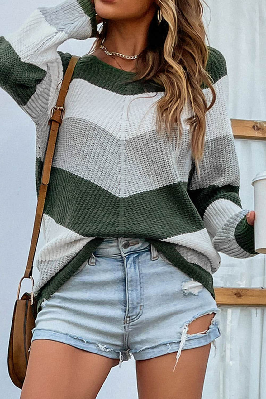 Green Chevron Color Block Striped Knit Pullover Sweater