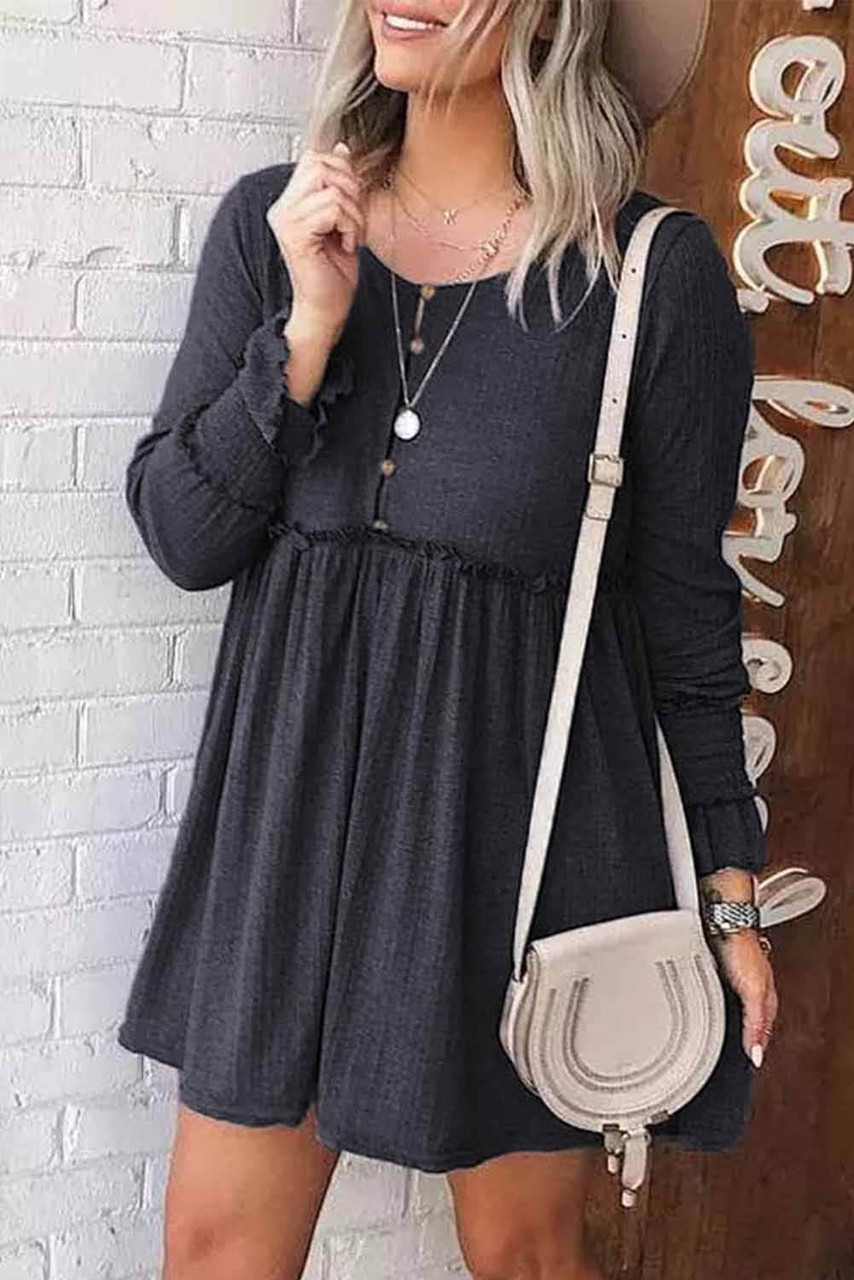 Gray Textured Button Long Sleeve Babydoll Dress