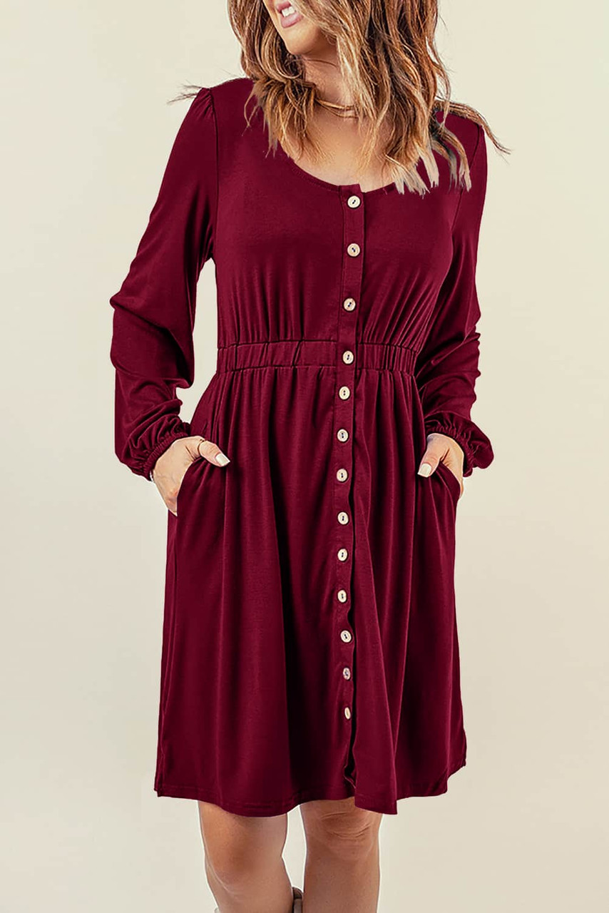 Wine Button Up High Waist Long Sleeve Dress