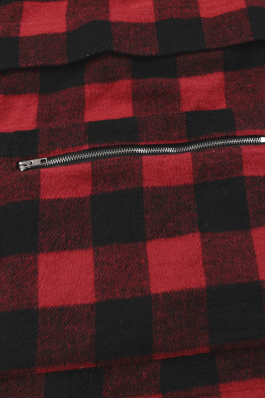 Red Buffalo Plaid Zipped Front Pocketed Hoodie