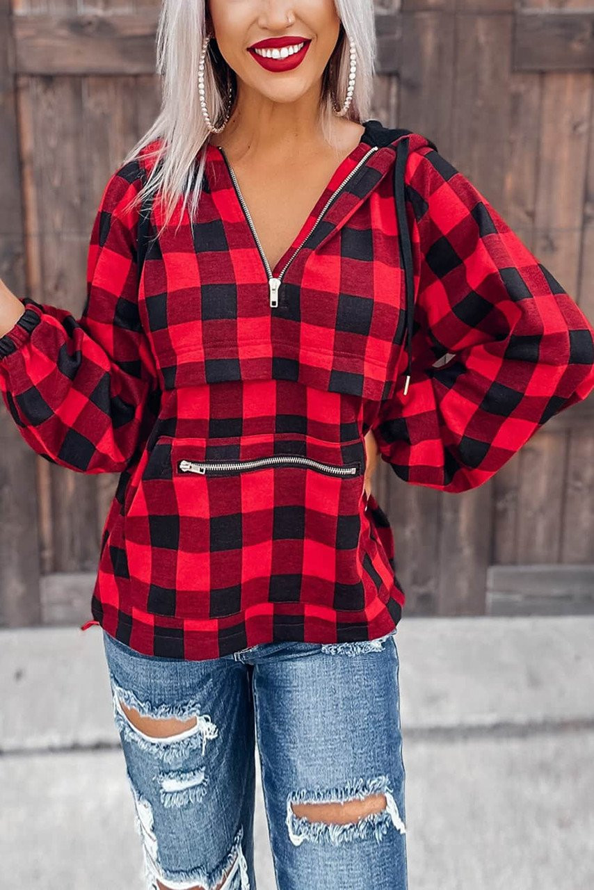 Red Buffalo Plaid Zipped Front Pocketed Hoodie Red Buffalo Plaid Zipped Front Pocketed Hoodie