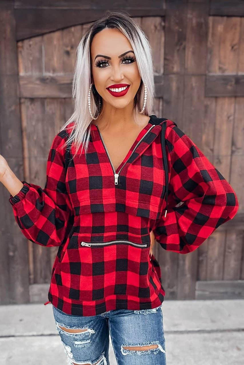 Red Buffalo Plaid Zipped Front Pocketed Hoodie Red Buffalo Plaid Zipped Front Pocketed Hoodie