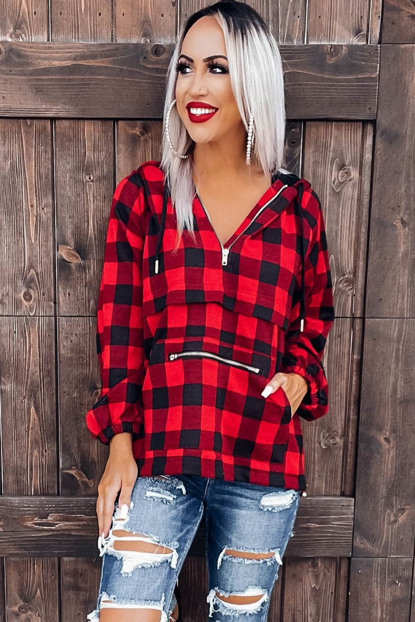 Red Buffalo Plaid Zipped Front Pocketed Hoodie Red Buffalo Plaid Zipped Front Pocketed Hoodie