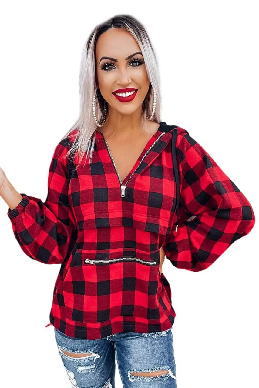 Red Buffalo Plaid Zipped Front Pocketed Hoodie Red Buffalo Plaid Zipped Front Pocketed Hoodie