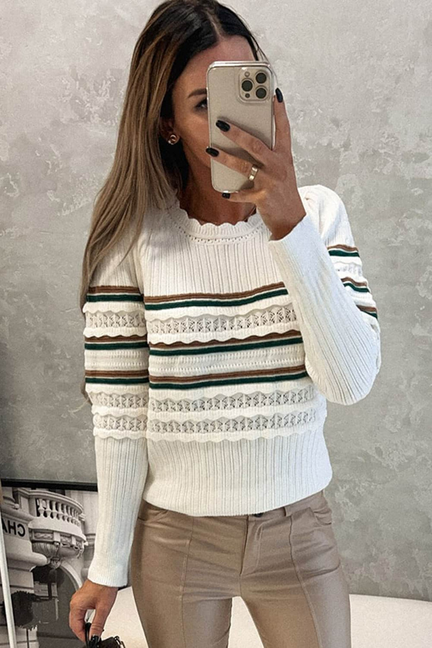 White Striped Ribbed Scalloped Detail Knit Sweater