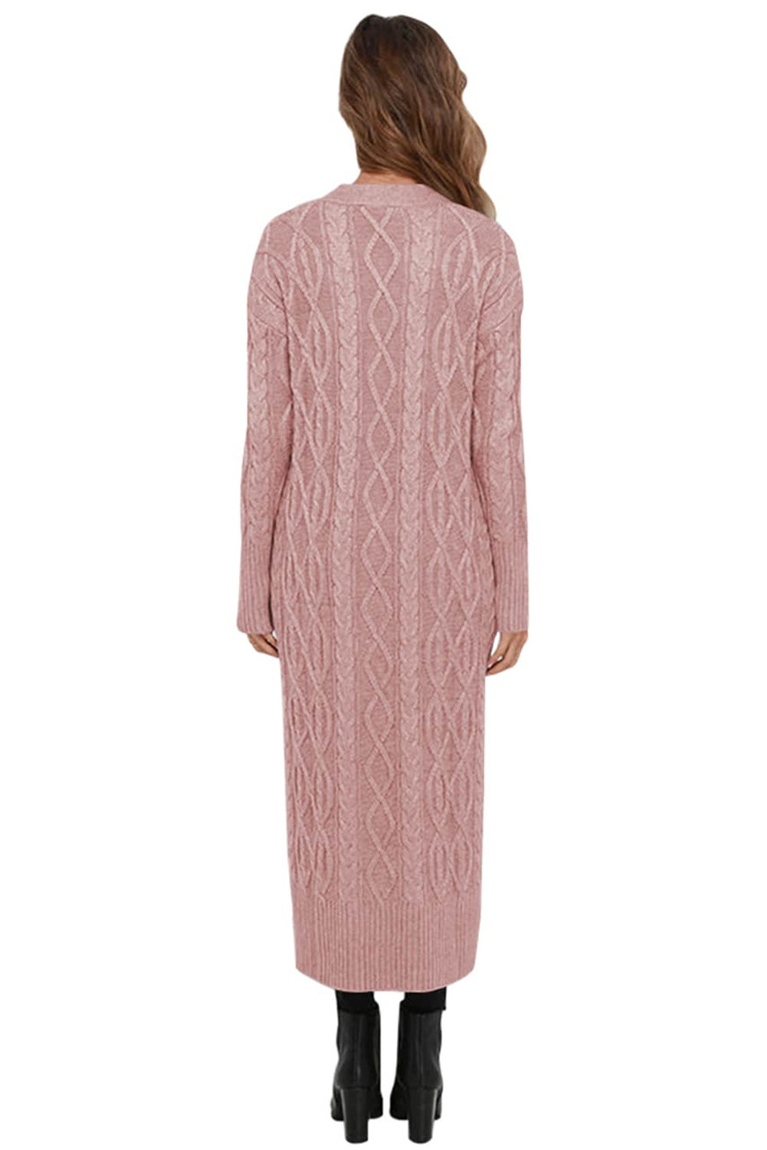 Pink Cable Knit Open Front Long Cardigan