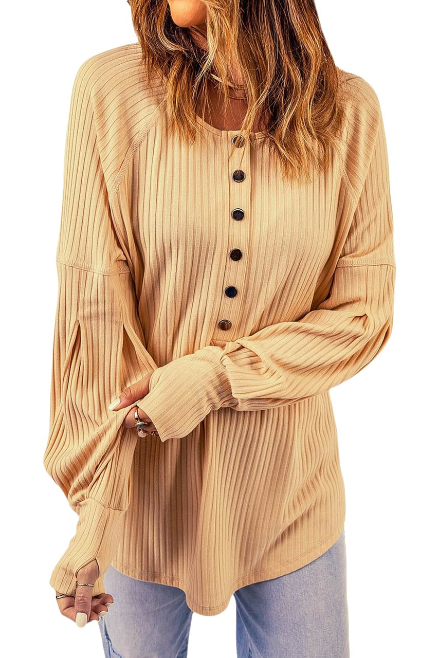 Apricot Ribbed Textured Thumbhole Puff Sleeve Pullover